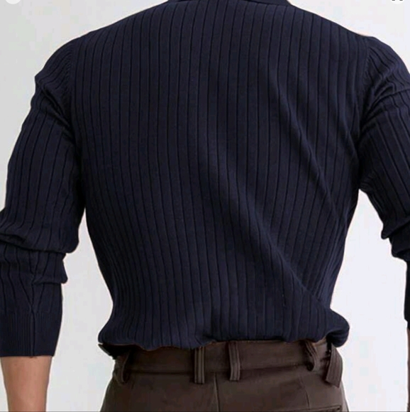 Men's Solid Ribbed Long Sleeve Polo Shirt - Picture 2 of 5